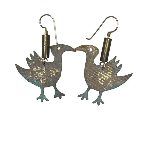 Vintage Brass Patina Dodo Bird Shaped Dangle Earrings Green Boho Y2K Folk Art - Picture 3 of 6